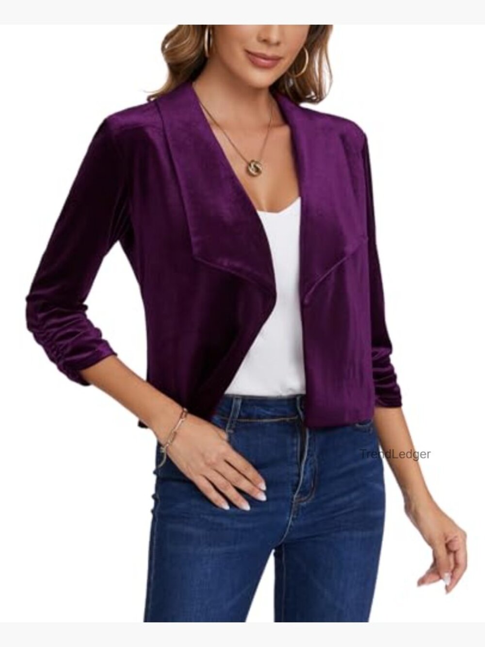 Womens Velvet Blazer Shawl Collar 3/4 Ruched Sleeve Open Front Business Work - Picture 3 of 6